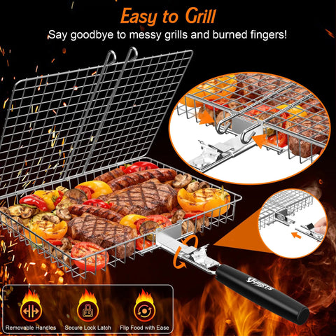 Two Piece Outdoor Grill Basket Set with removable wooden handles, grilling steak and veggies, stainless steel BBQ basket visible.