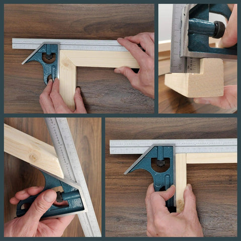 Using Pro Grade Combination Square Set With Protractor 12 Inch Bevel Ruler for precise woodworking angles on a frame.