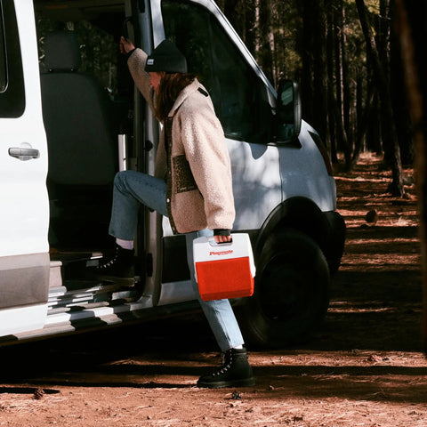 Person holding Playmate Portable Cooler With Tent Top Design, red, near van in forest, ideal for camping and road trips.