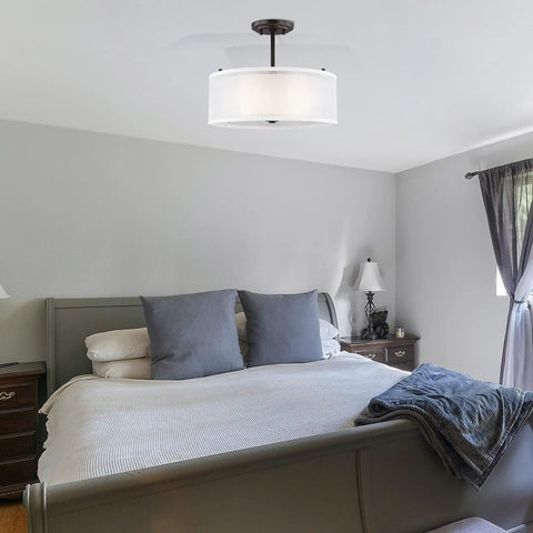 Elmwood Park Two Light Bronze Semi Flush Ceiling Fixture With Satin Etched Glass Shade And Off White Organza Silk Shade