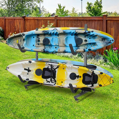 Heavy Duty Kayak Stand And Dual Storage Rack With Rolling Lockable Wheels Hella Durable Steel Adjustable Boat Holders For Garages Sheds And Sup Paddleboards