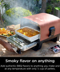 Woodfire Outdoor Pizza Oven 8 In 1 Portable Electric Roaster Heats Up To 700 Degrees Fahrenheit, Terracotta Red, on a patio table in use.