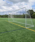 Side view of a regulation size 24 by 8 soccer goal with steel frame, heavy duty portable pro grade practice net included, 24 by 8 ft.