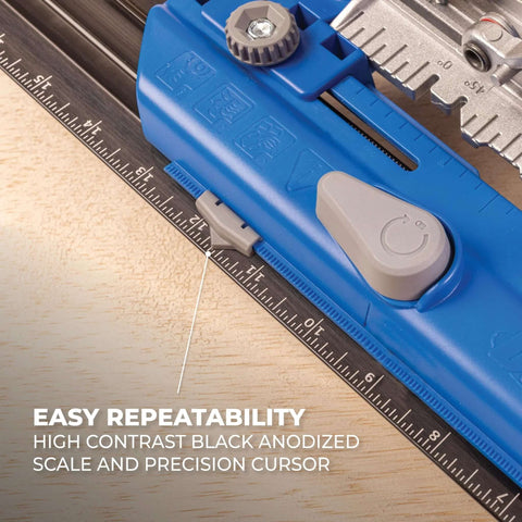 Kreg Rip-Cut circular saw guide, blue body with gray adjustment knob, side view