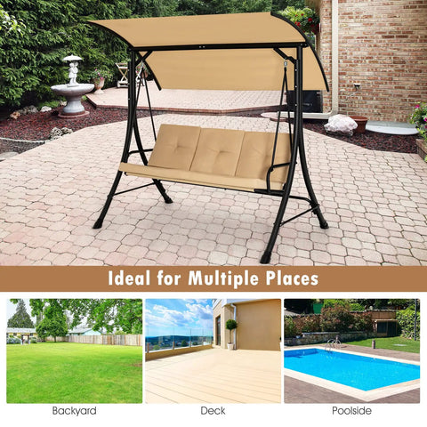 Three Person Porch Swing With Removable Cushions, Solid Steel Frame, Outdoor Patio Swing With Adjustable Canopy For Garden, Backyard, Balcony Or Poolside Beige on patio