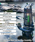 1 HP Submersible Sewage Pump With Auto Float Switch 115V 2 Inch NPT Discharge Stainless Casing E Coated Semi Open Impeller Beefy Built Trash Pump shown in rocky stream