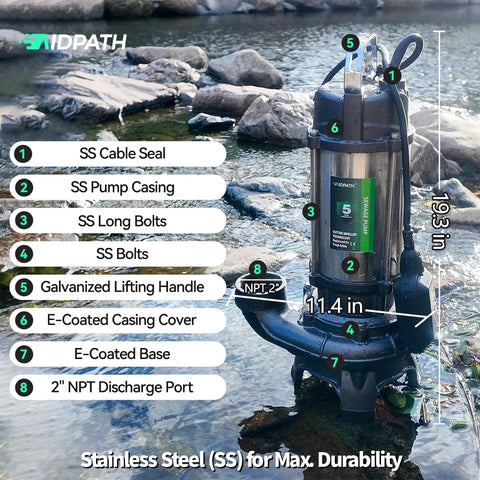 1 HP Submersible Sewage Pump With Auto Float Switch 115V 2 Inch NPT Discharge Stainless Casing E Coated Semi Open Impeller Beefy Built Trash Pump shown in rocky stream