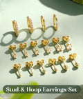 14K Gold Earrings Set For Women And Men, 925 Sterling Silver Posts, Hypoallergenic, Includes Small Ball CZ Studs, Hoop Earrings, Huggie Earrings, And Mini Hoop For Multiple Piercings. Gold stud and hoop earring set