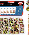 180 Piece Metric Rivet Nut Kit with Zinc Plated Carbon Steel Rivnut Inserts M3 M4 M5 M6 M8 displayed in open box