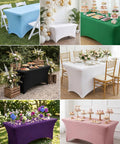 Various colored spandex tablecloths for 6ft rectangular tables, showcased in event settings, tight fit, wrinkle-resistant, 72x30x30 inches.