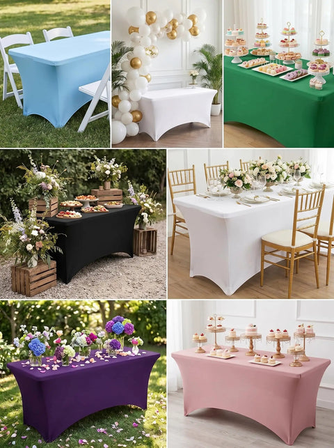 Various colored spandex tablecloths for 6ft rectangular tables, showcased in event settings, tight fit, wrinkle-resistant, 72x30x30 inches.