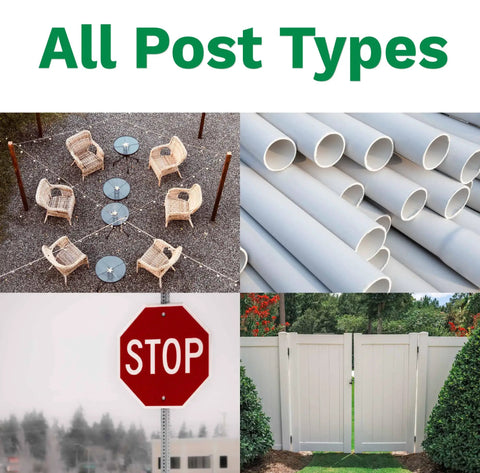Image displaying uses of 1-Post Kit For Any Post Type; Quick, No Tools Needed Concrete Alternative That Sets Fast, Protects Against Rot And Rust, Works With All Post Styles, White Finish, Easy To Use, Durable And Low Maintenance with furniture, pipes, stop sign, and gate fence.