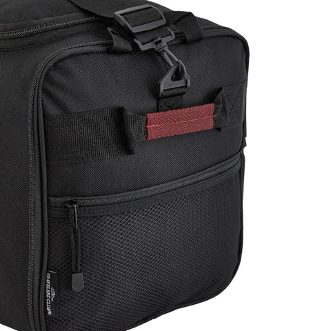 Travelers Club 32-inch expandable rolling travel duffel bag, side view; black with red accent strap and front mesh pocket