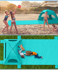 Family Size Beach Sun Shelter With 114 By 82 Inch Extended Mat For 3 To 6 People, UPF 50 Plus UV Protection, kids playing on beach and mat