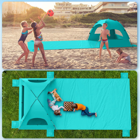 Family Size Beach Sun Shelter With 114 By 82 Inch Extended Mat For 3 To 6 People, UPF 50 Plus UV Protection, kids playing on beach and mat