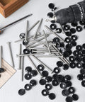 50 Pack Number 10 Two And Three Quarters Inch Shutter Screws With Black Caps Self Tapping Pan Head Phillips Wood Fasteners displayed.
