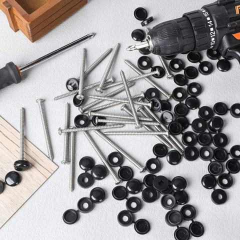 50 Pack Number 10 Two And Three Quarters Inch Shutter Screws With Black Caps Self Tapping Pan Head Phillips Wood Fasteners displayed.