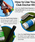 Complete Golf Club Care Kit Clean, Polish, And Restore Irons, Drivers, And Putters With Scratch, Scuff, And Rust Remover, Grip Cleaner, Club Cleaner, And Polish For A Fresh Shine And Way Better Grip. infographic showing club cleaner, polish, and grip cleaner bottles
