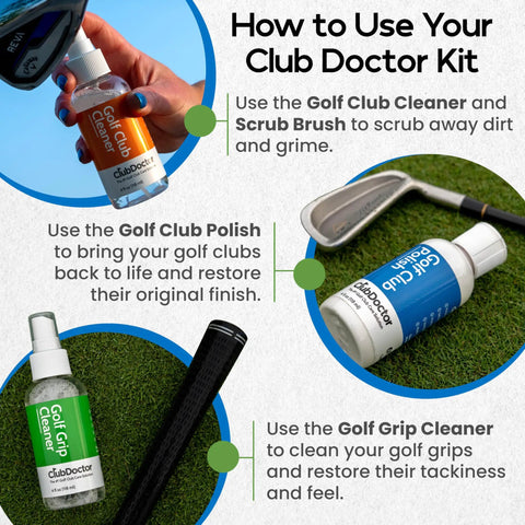 Complete Golf Club Care Kit Clean, Polish, And Restore Irons, Drivers, And Putters With Scratch, Scuff, And Rust Remover, Grip Cleaner, Club Cleaner, And Polish For A Fresh Shine And Way Better Grip. infographic showing club cleaner, polish, and grip cleaner bottles