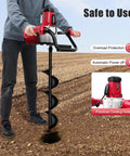 Powerful Pro Grade Electric Post Hole Digger 1500W Earth Auger Drill used for soil digging with safety features displayed
