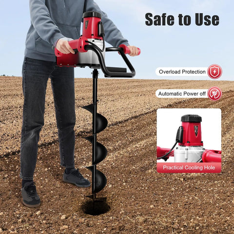 Powerful Pro Grade Electric Post Hole Digger 1500W Earth Auger Drill used for soil digging with safety features displayed