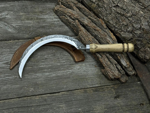 Hand-Forged Large Sickle With 7.5 Inch Blade, High-Carbon Steel For Gardening, Harvesting, And Landscaping, Ergonomic Ash Handle
