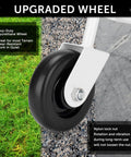 Built Like A Tank 4.3 Inch Spring Loaded Gate Caster Roller Wheel With Full 360 Swivel Action and Right Angle Mount Plate For Easy Yard Gate Rolling Up to 220 Pounds White Pair close-up of heavy-duty polyurethane wheel on diverse terrain.