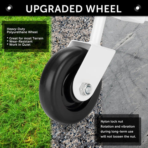 Built Like A Tank 4.3 Inch Spring Loaded Gate Caster Roller Wheel With Full 360 Swivel Action and Right Angle Mount Plate For Easy Yard Gate Rolling Up to 220 Pounds White Pair close-up of heavy-duty polyurethane wheel on diverse terrain.