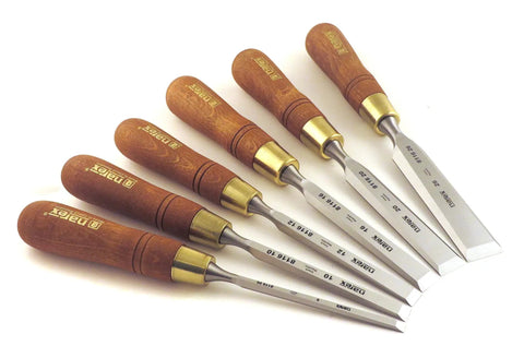 Pro Grade 6 Piece Woodworking Chisel Set with Hornbeam Handles and Chrome Manganese Steel Blades Hardened to Rc 59 in Various Sizes
