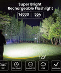 Person using Beast Mode Bright 16000 Lumen Rechargeable Flashlight in forest, highlighting beam distance and features.