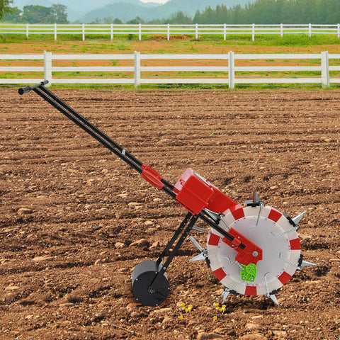 Manual Garden Push Seeder With 7 Nozzles And Eight Pound Seed Box Easy To Use Depth Settings One To Three Inches For Corn Soybean Peanut Roller Seeding Machine For Small Farms And Vegetable Fields Red in field.
