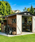 8x12 Ft Outdoor Metal Shed Built Tough For Everyday Yard Gear With Open Firewood Bay And Lockable Doors, sloped roof, brown exterior.
