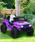 Child in purple Kids Ride On Car Truck 12V Battery Powered Electric Vehicle with LED headlights in garden setting