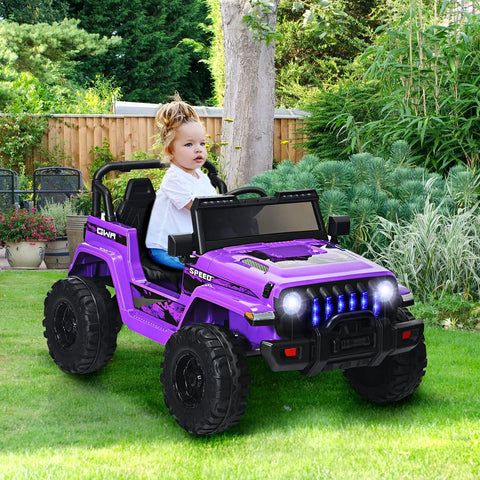 Child in purple Kids Ride On Car Truck 12V Battery Powered Electric Vehicle with LED headlights in garden setting