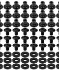 Black 1/4 Inch Chicago Screw Kit With Phillips Truss Heads And Open Slotted Posts Plus Rubber Spacers For DIY Kydex And Leather Gun Holster And Tactical Sheath Fabrication Builds Built Tough And Ready To Roll. Display of screws and rubber spacers.