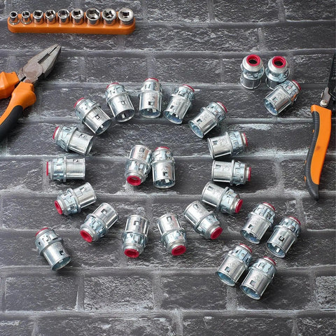 Top Rated 15 Pack Snap In Metal Clad Cable Connectors With 3/8 Inch Cable Grip And 1/2 Inch Knockouts arranged on a work surface.