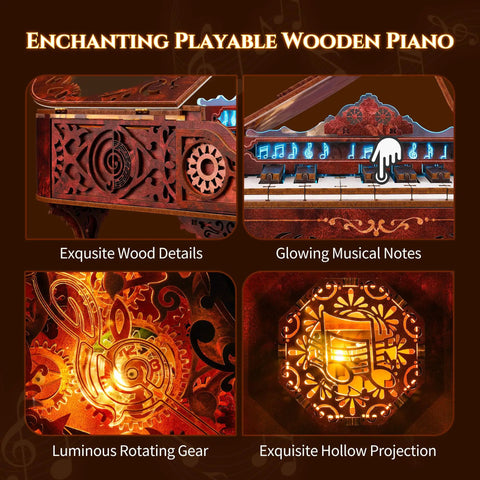 Close-up of 3D Wood Puzzle Piano Kit With LED Lights, featuring wooden gears, musical notes, and LED glow for interactive craft.