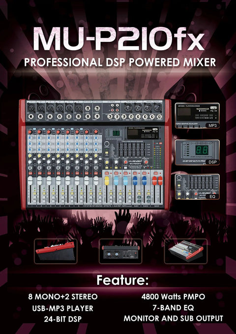 10 Channel 4800W Pro Series Digital Audio Mixer With Built In Amplifier 24 Bit FX 7 Band EQ USB SD FM WMA Outputs DJ Mixer