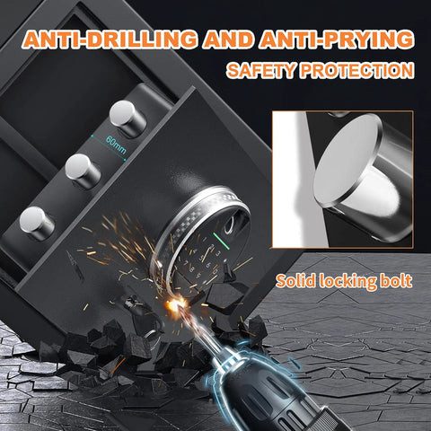 Fingerprint Fireproof Home Safe That Keeps Your Stuff Safe With Fireproof Document Bag And Removable Shelf Digital Security Safe For Cash Jewelry And Valuables 1.0 Cubic Feet Capacity Quick Access Biometric Lock And Code Pad with anti-drilling feature.