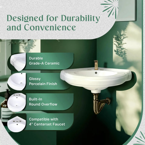 Side view of 22 Inch Corner Wall Mounted Bathroom Sink White With Overflow No Hardware Model 87333 in modern bathroom setting.