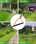Heavy Duty Weed Cutter With Serrated Double Edged Blade And 30 Inch Steel Handle Manual Grass Whip For Tackling Overgrown Weeds In The Yard Garden Field Or Ditches Durable Orange Tool with illustrations of it being used in yards, gardens, lawns, and farms.