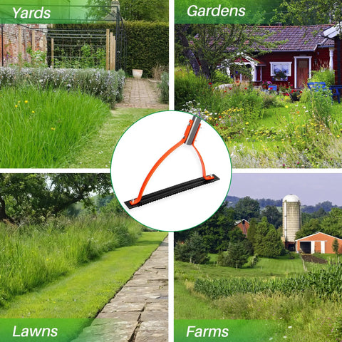 Heavy Duty Weed Cutter With Serrated Double Edged Blade And 30 Inch Steel Handle Manual Grass Whip For Tackling Overgrown Weeds In The Yard Garden Field Or Ditches Durable Orange Tool with illustrations of it being used in yards, gardens, lawns, and farms.