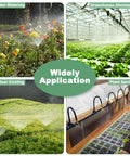 Four applications of 65.6 Ft Adjustable Drip Irrigation Kit With 20 360 Degree Misting Nozzles in garden, greenhouse, cooling, and plant watering
