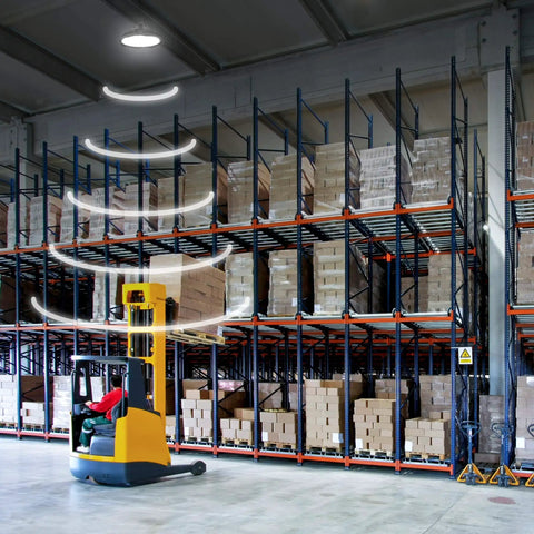 Heavy Duty 200W Led High Bay Shop Light With Motion Sensor illuminating a warehouse with shelves of boxes.