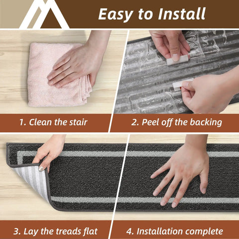 Installation steps for Soft Stair Treads Non Slip Carpet Mats 28 Inch By 9 Inch Indoor Stair Runners For Wooden Steps Kid And Pet Friendly No Glue Needed With TPE Backing 100 Percent Polyester 10 Pack