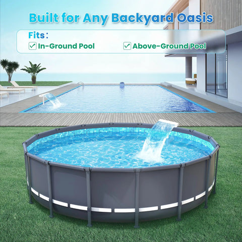 Above-ground pool fitted with Dual Spray Waterfall Pool Fountain for Above Ground and In Ground Pools, Adjustable Water Flow.