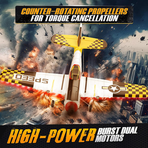 Starter-Friendly RC Plane For Kids And Grownups With 6-Axis Gyro in flight showing counter-rotating propellers, yellow color.
