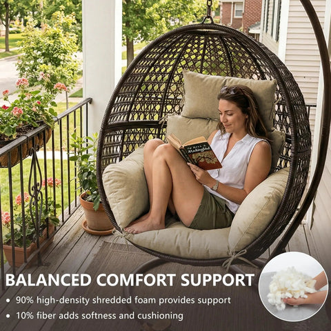 Weatherproof Egg Chair Cushion With 8 Secure Straps Water Repellent Faux Linen Cover on a balcony swing chair