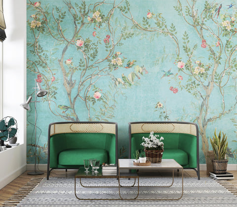 Chinoiserie Floral Wallpaper With Birds In Turquoise Backdrop, Removable Peel And Stick Paper in a stylish living room setup