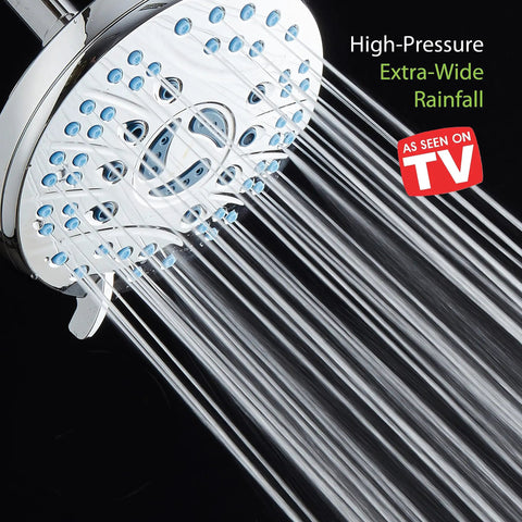 High Pressure 6 Setting Rain Shower Head 6 Inch Chrome Finish With Hygienic Anti Clog Nozzles spraying water in shower.